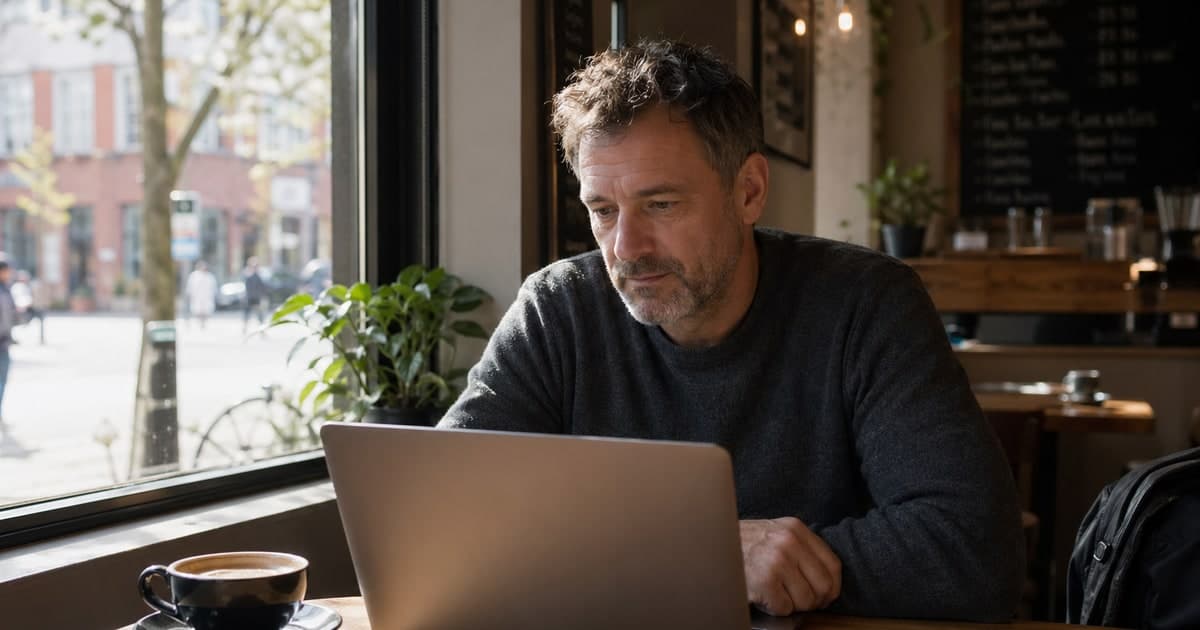 A man in his late 40s sitting alone at a wooden cafe table with a coffee cup and an open laptop, afternoon light coming through a large window, candid and unstaged