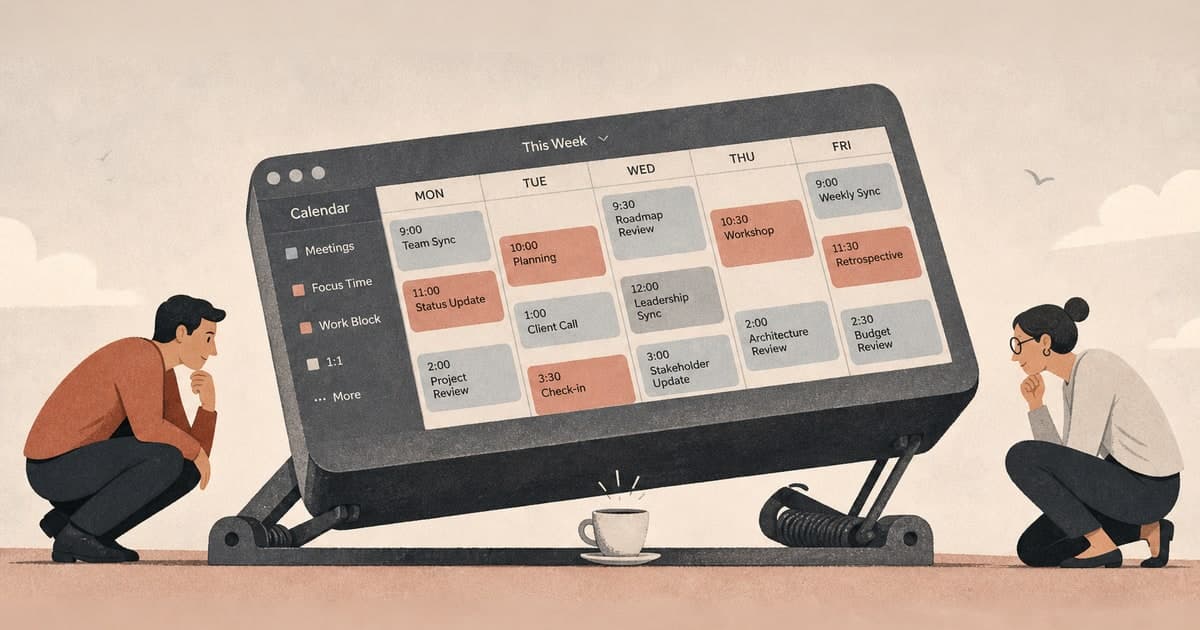 Illustrate a sophisticated editorial metaphor about networking returning to spontaneous coffee chats. Use one of three visual concepts: a calendar maze with a coffee cup as the exit, a coffee cup form