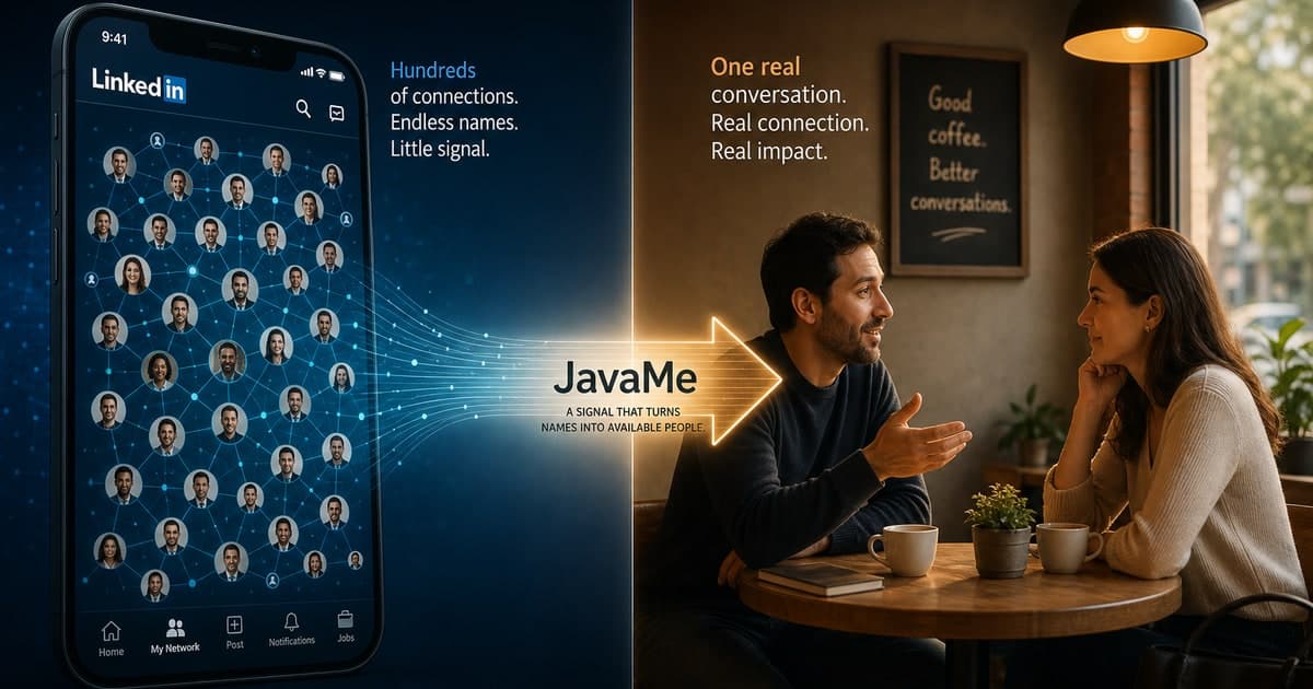 Editorial illustration showing the gap between a crowded digital LinkedIn network and a single real coffee meeting. Left side: a stylized smartphone screen filled with many small avatar icons and conn