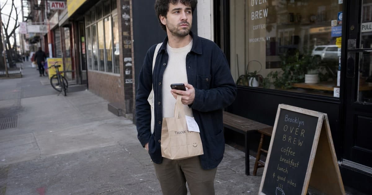 Candid photo: two people at a small cafe table during midday, one mid-sentence leaning forward, the other glancing at their phone, worn table surface, paper menus stacked nearby, flat window light fro