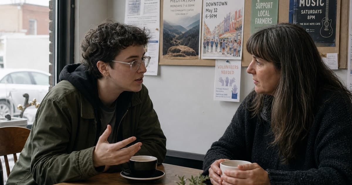 Candid photo: two people at a small cafe table with coffee cups, one (mentee) leaning forward mid-conversation, other (mentor) listening with hands wrapped around mug, local event flyers pinned to wal
